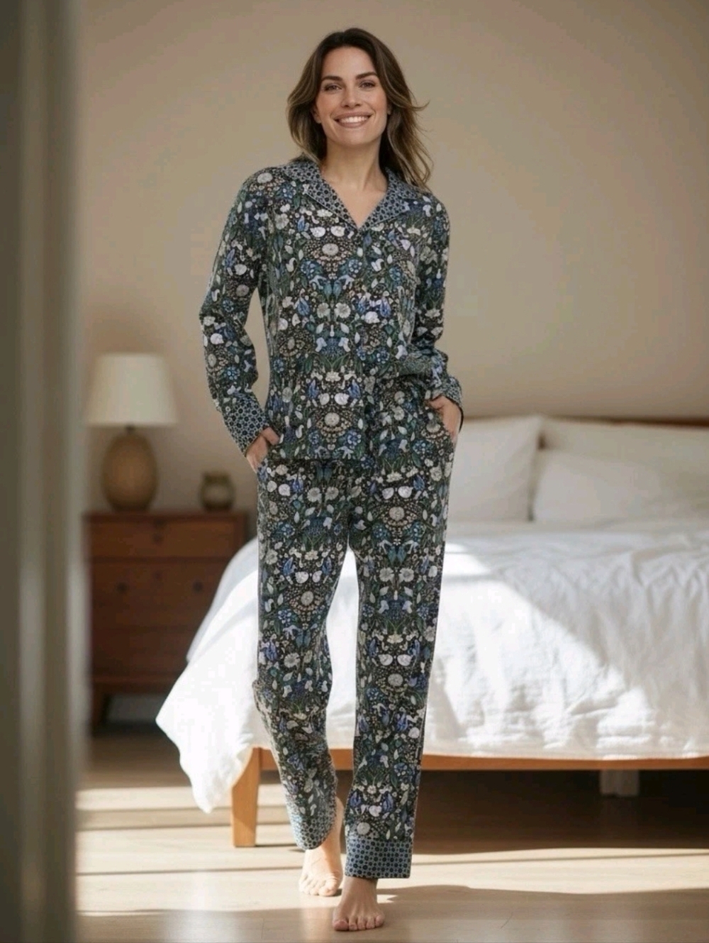 Vera Bradley Women Green Enchanted Woodland Notch Collar Pajama Set Size XS